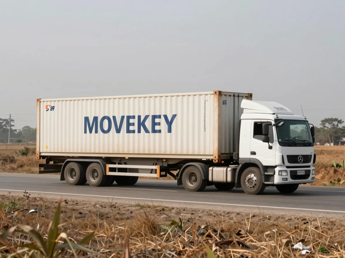 Wide environmental view of a MOVEKEY truck loaded with containers